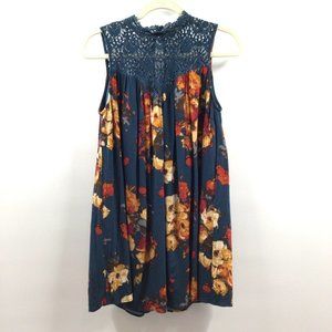 Altar'd State Women S Teal Floral Crochet High Neck Boho Sleeveless Swing Dress